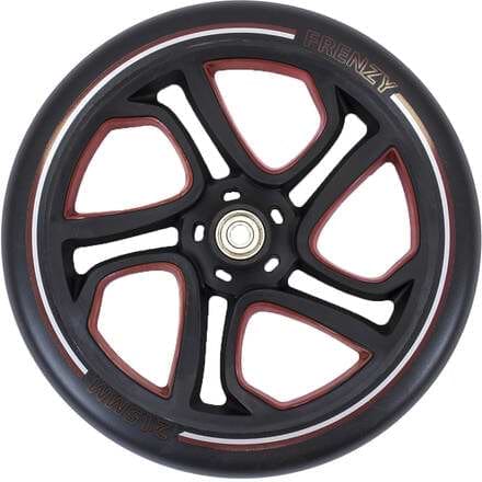 Close-up of a black Frenzy 250mm replacement scooter wheel, highlighting five spokes with red and brown accents on the inner sections. The brand name "Frenzy" is prominently displayed on the outer rim, featuring a central metal bearing.