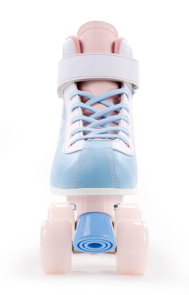 Front view of the Rio Roller Milkshake Quad Roller Skates - Cotton Candy by Rio Roller, showcasing a pastel skates style with a blue toe cap, pink and blue details, white laces, and a pink fastening strap. The soft pink wheels beautifully enhance the figure skate style design.