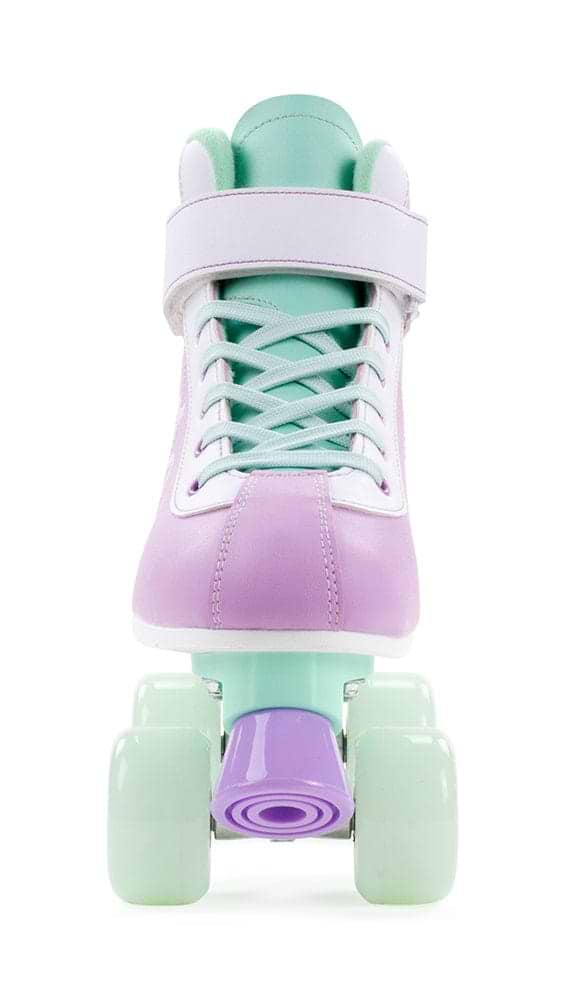 The Rio Roller Milkshake Quad Roller Skates - Mint Berry features a mint green base and purple wheels in a charming pastel design. The white upper is enhanced with purple and mint accents, complete with white laces, creating a playful, retro trainer skate look ideal for those who crave nostalgia in their skating adventures.