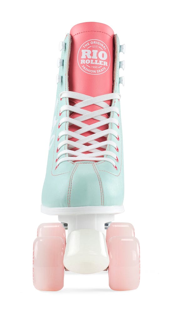 The Rio Roller Script Quad Roller Skates - Teal / Coral by Rio Roller feature a teal PVC leather boot with delightful coral accents and white laces. Complemented by coral wheels, these quad roller skates display a round logo on the tongue. Positioned on a clean white background, they elegantly highlight their vivid pastel colors.