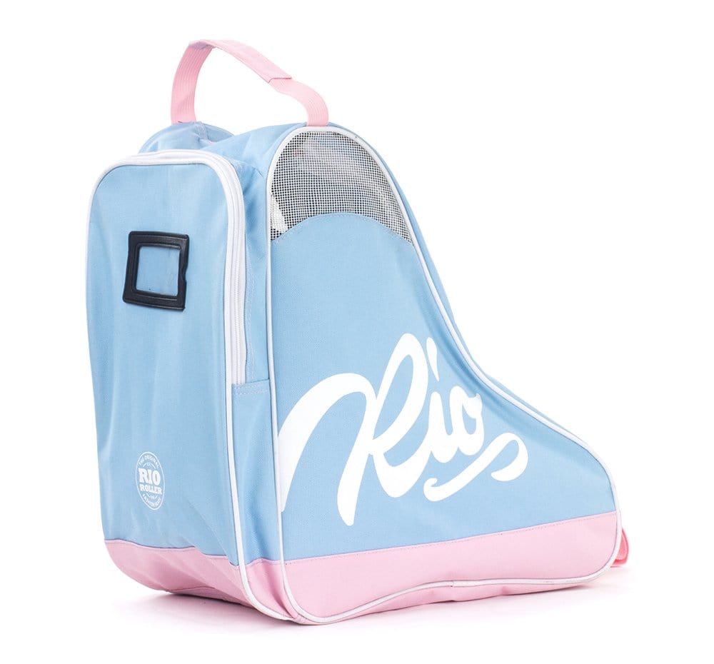 The Rio Roller Script Skate Bag - Blue / Pink is a trendy accessory by Rio Roller, showcasing "Rio" in white script. Crafted from water-resistant material, it features an adjustable carry strap, a top handle, and a small mesh panel for ventilation.