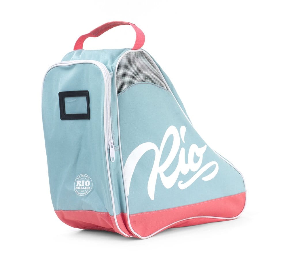 The Rio Roller Script Skate Bag in teal and coral features a mesh panel with the brand name "Rio" in white. It comes with an adjustable carry strap, a top handle, and a small black ID window, all made from water-resistant material for durability.