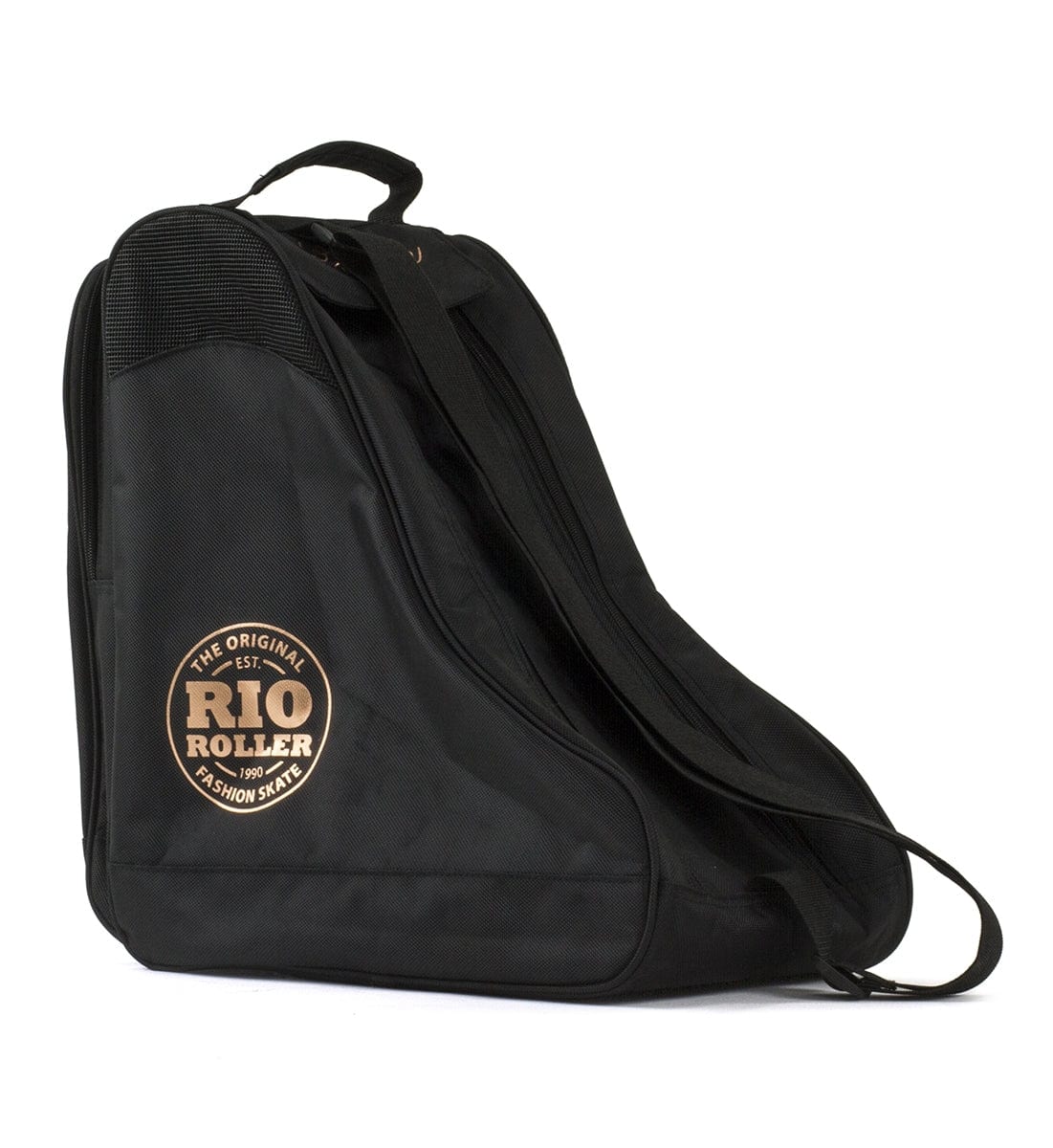 The Rio Roller Rose Skate Bag in Rose Gold is designed with a chic black color accented by a tan and black logo. It is made from water-resistant material and comes with both a top handle and an adjustable shoulder strap for convenient carrying, ensuring your roller skates are securely held.