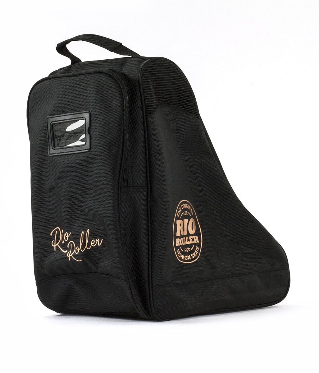 The Rio Roller Rose Skate Bag - Rose Gold from Rio Roller is a black skate bag showcasing their iconic logo in gold. It includes a top handle, an adjustable carry strap, and a side zipper compartment. Its structured design and water-resistant material enable it to stand upright with ease.