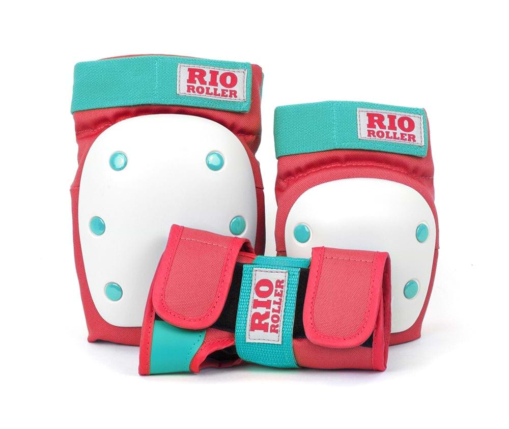 The Rio Roller Triple Skate Protection Pad Set in red and mint includes knee pads, elbow pads, and wrist guards. Each knee and elbow pad features a white protective cap with turquoise rivets. Ideal for skatepark protection, the brand logo is prominently displayed on each piece.