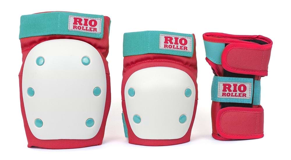 Introducing the Rio Roller Triple Skate Protection Pad Set in Red and Mint: a stylish and vibrant set offering superior skatepark safety. This comprehensive package includes knee pads, elbow pads, and wrist guards, all designed to keep you protected while skating with flair.