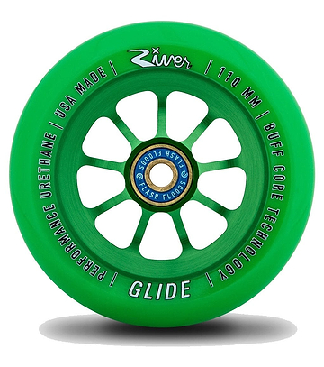 The Emerald Green River Glide 110mm Stunt Scooter Wheel boasts a spoked, anodised 6061-T6 aluminium core engraved with "Performance Urethane," "USA Made," "110 mm," and "Buff Core Technology." The blue central hub adds further branding, blending sleek design with premium craftsmanship.