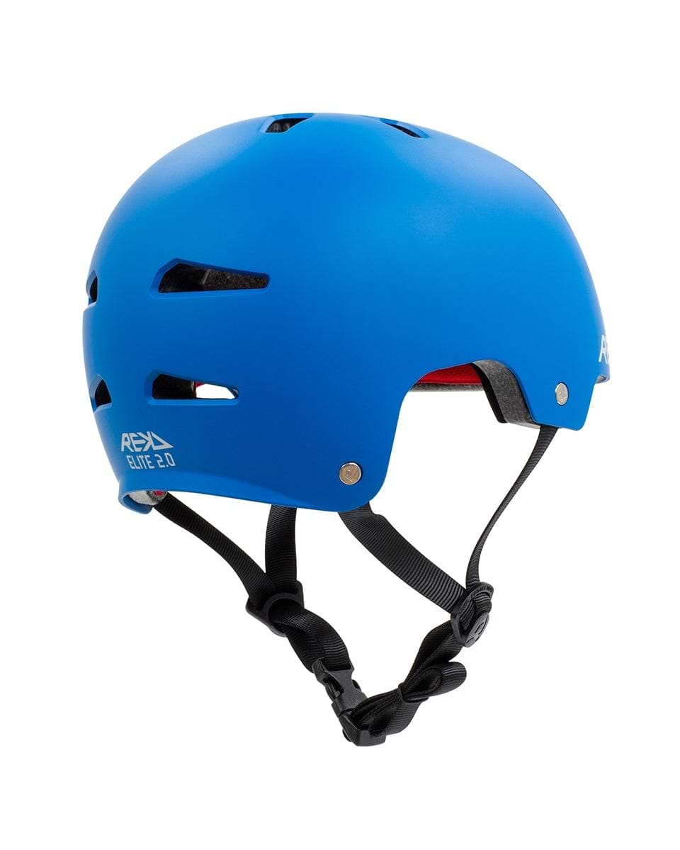 The REKD Elite 2.0 Skate / Scooter Helmet in blue, designed by REKD, includes ventilation holes and a black adjustable chin strap. This action sports helmet offers a smooth finish for enhanced safety during activities such as biking or skateboarding.