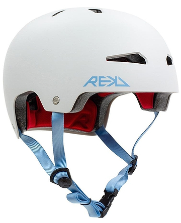 The REKD Elite 2.0 Skate/Scooter Helmet in grey features blue adjustable straps, ventilation holes, and proudly displays the REKD protection logo on the side.