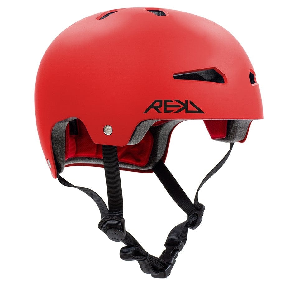 Introducing the REKD Elite 2.0 Skate / Scooter Helmet in red, a premium product from REKD. This helmet boasts a matte finish with black ventilation slits and an adjustable black chin strap, offering both safety and comfort for skateboarding or biking enthusiasts.
