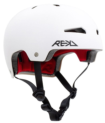 The REKD Elite 2.0 Skate/Scooter Helmet is a white action sports helmet from REKD, featuring black straps and a vibrant red interior. It is designed with ventilation holes and prominently showcases the "REKD" logo on its side.