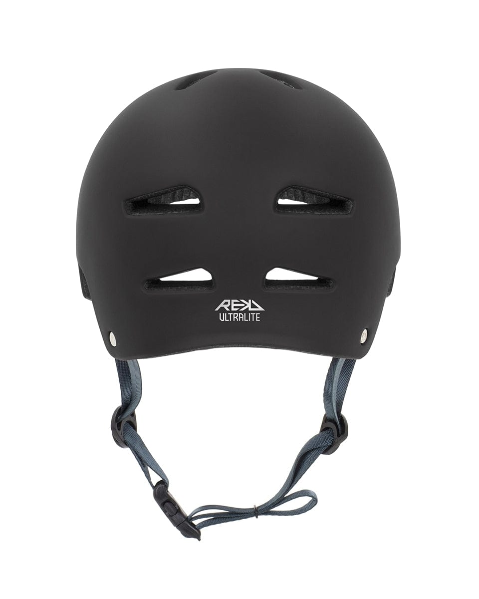 The REKD Ultralite In-Mold Skate / Scooter Helmet in black, designed for action sports, comes with four front ventilation slits and a blue adjustable chin strap, providing a lightweight helmet option.