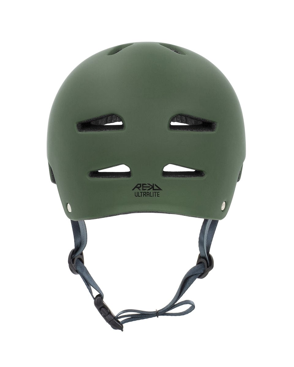 The REKD Ultralite In-Mold Skate / Scooter Helmet in green is perfect for action sports. It showcases a matte green exterior with black interior padding, front ventilation slots, and an adjustable grey chin strap with a buckle. The helmet prominently displays the "REKD" branding on the front.