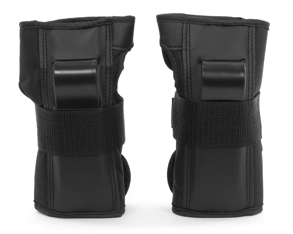 The REKD Skate Protection Wrist Guards in black, featuring Velcro straps and plastic reinforcements for 360° protection during action sports, are displayed upright against a white background.