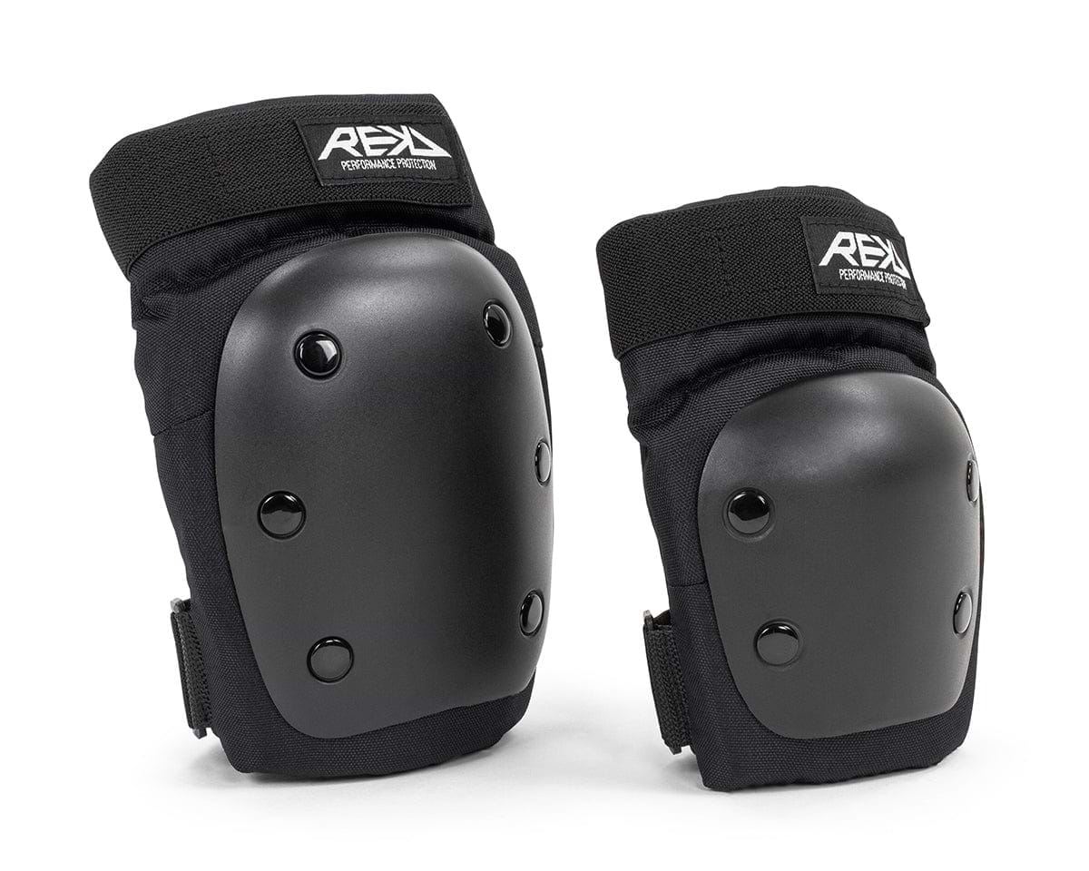 Introducing the REKD Youth Heavy Duty Double Skate Protection Pad Set in Black, these knee pads are equipped with robust protection and adjustable straps, perfect for sports or safety purposes. Designed with a hard shell and featuring the REKD logo on top, these action sports pads guarantee optimal performance.