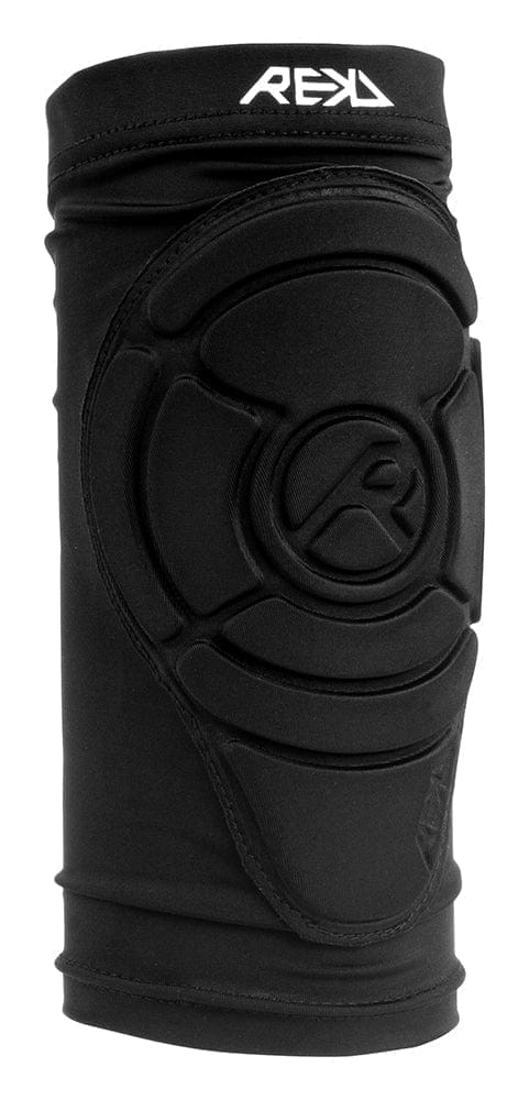 The REKD Pro Knee Skate Protection Gaskets in black feature EVA memory foam, reinforced stitching, and a circular design on the front. Ideal for extreme sports enthusiasts, the branding "REKD" is prominently displayed at the top to ensure reliable knee protection.