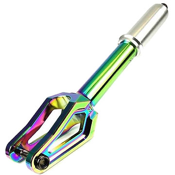 The Root Industries AIR IHC Stunt Scooter Forks in Rocket Fuel Neochrome offer a lightweight design with a stunning rainbow-colored, metallic finish. Featuring a forked end for easy wheel attachment and an elongated cylindrical base for seamless handlebar connection, its gradient surface beautifully reflects vibrant shades. These forks are the perfect match for hollowcore air wheels, providing ultimate style and performance.