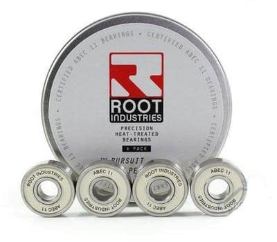 A branded tin container labeled with the "Root Industries" logo showcases the "Root Industries ABEC 11 Bearings - 4 Pack," prominently displaying four precision bearings along with text highlighting their heat-treated certification.