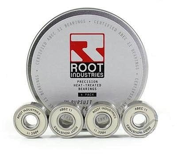 A branded tin container labeled with the "Root Industries" logo showcases the "Root Industries ABEC 11 Bearings - 4 Pack," prominently displaying four precision bearings along with text highlighting their heat-treated certification.