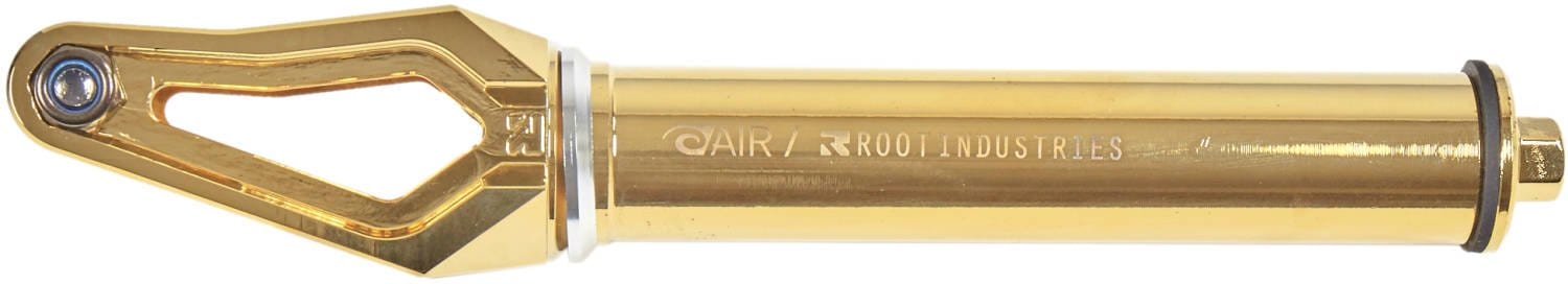 A cylindrical mechanical component in gold, featuring a diamond-shaped opening at one end, is designed to be a lightweight scooter fork. Engraved with "AIR R R001 INDUSTRIES," it is compatible with 120mm wheels and serves as an ideal choice for the Root Industries AIR SCS/HIC Stunt Scooter Forks in Gold.