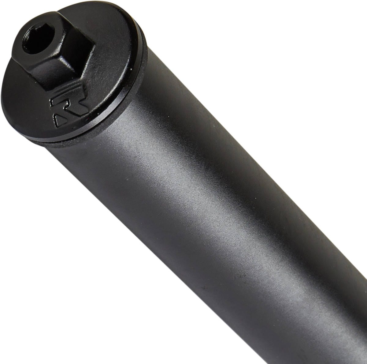 A close-up of the Root Industries AIR SCS/HIC Stunt Scooter Forks in black showcases a sleek cylindrical metal rod with a hexagonal socket on top, adorned with a small engraved logo. The lightweight scooter fork is angled against a white background, perfectly blending functionality and modern design for your ride.