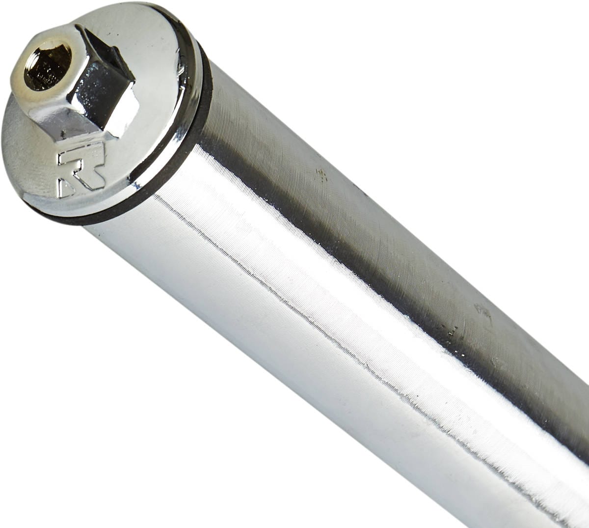 A close-up showcases a polished chrome cylindrical metal object with a hexagonal screw head at one end. Its reflective surface is engraved with Root Industries' iconic "R" logo. The Root Industries AIR SCS/HIC Stunt Scooter Fork gleams diagonally across the image, embodying precision engineering in every lightweight detail.