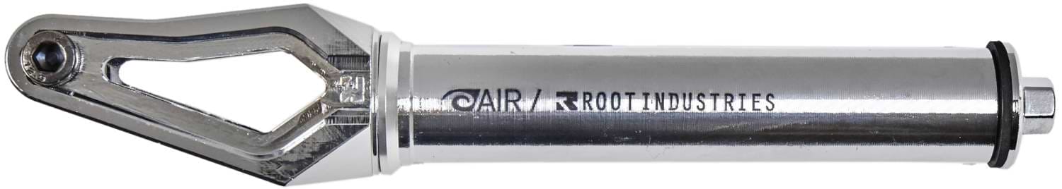 Introducing the Root Industries AIR SCS/HIC Stunt Scooter Forks in Polished Chrome, boasting a lightweight, sleek design with a stunning reflective finish. The fork elegantly displays the "AIR Root Industries" branding on its side, and its angular attachment point enhances both style and performance.