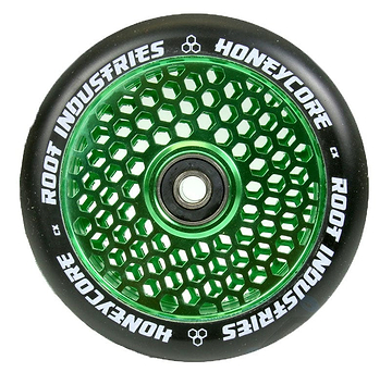 The Root Industries Honeycore 110mm Stunt Scooter Wheel in Black/Green boasts a stylish honeycomb cut-out design with a black tire. It features "Root Industries" branding on the edges and is equipped with premium Root bearings for superior performance.