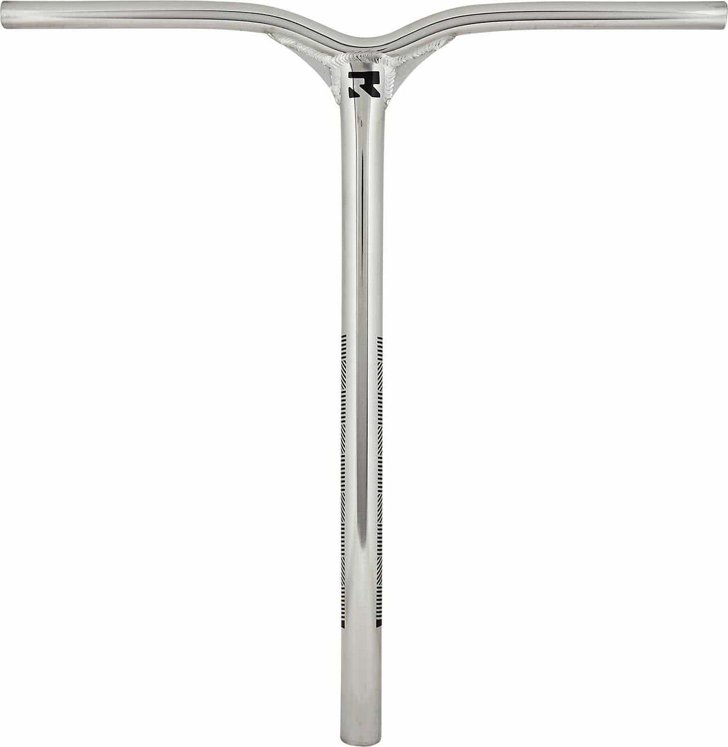 The Root Industries Invictus Aluminium IHC Stunt Scooter Bars, measuring 610mm x 580mm, showcase a mirror chrome finish with a sleek T-shaped handlebar. Crafted from HI-Modulus Alloy, the minimalist design includes a logo near the center junction and features smooth metallic surfaces that are lightweight and balanced for superior performance.
