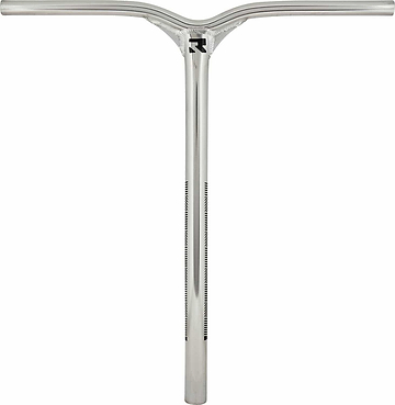 The Root Industries Invictus Aluminium IHC Stunt Scooter Bars, measuring 610mm x 580mm, showcase a mirror chrome finish with a sleek T-shaped handlebar. Crafted from HI-Modulus Alloy, the minimalist design includes a logo near the center junction and features smooth metallic surfaces that are lightweight and balanced for superior performance.