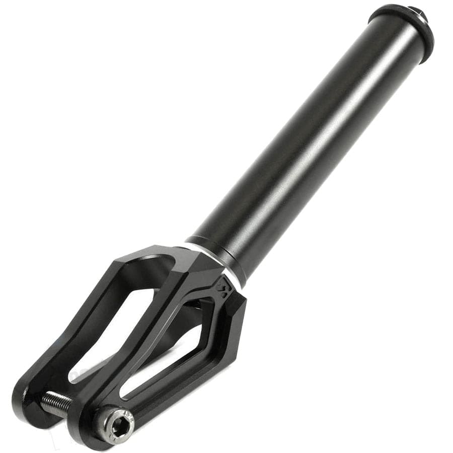 A close-up of the Root Industries AIR SCS/HIC Stunt Scooter Forks in a sleek, matte black finish. This lightweight fork features a cylindrical tube extending from a durable, angular base with a two-pronged design and a threaded bolt at the end.