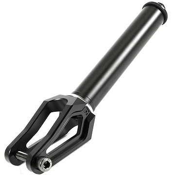 A close-up of the Root Industries AIR SCS/HIC Stunt Scooter Forks in a sleek, matte black finish. This lightweight fork features a cylindrical tube extending from a durable, angular base with a two-pronged design and a threaded bolt at the end.