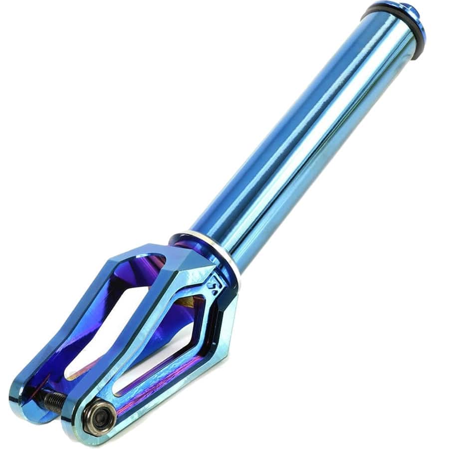 The Root Industries AIR SCS/HIC Stunt Scooter Forks in Blu-Ray offer a stunning metallic blue design with a smooth, polished appearance. This lightweight fork has a cylindrical stem and U-shaped base complete with bolt fittings, perfect for securing a wheel. Its dynamic hue transitions from blue to purple when exposed to light.