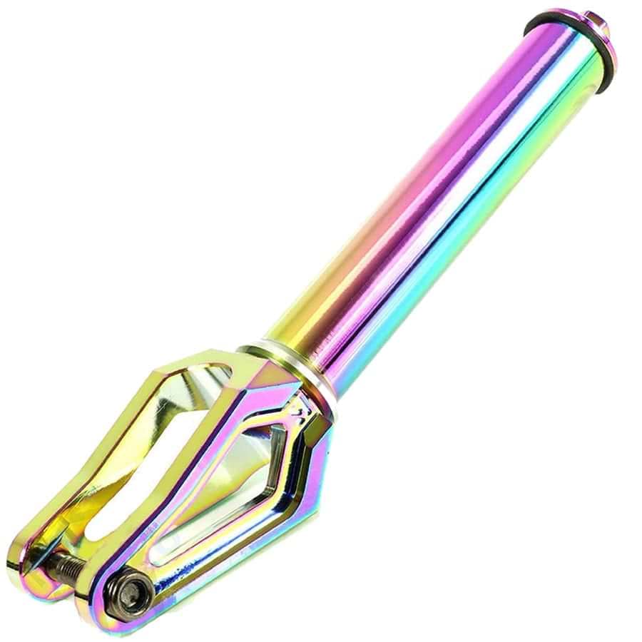 The Root Industries AIR SCS/HIC Stunt Scooter Forks in Rocket Fuel Neochrome are lightweight and metallic, featuring a stunning gradient of purple, pink, green, and gold. Its sleek design includes a cylindrical stem with geometric cut-outs near the axle attachment.