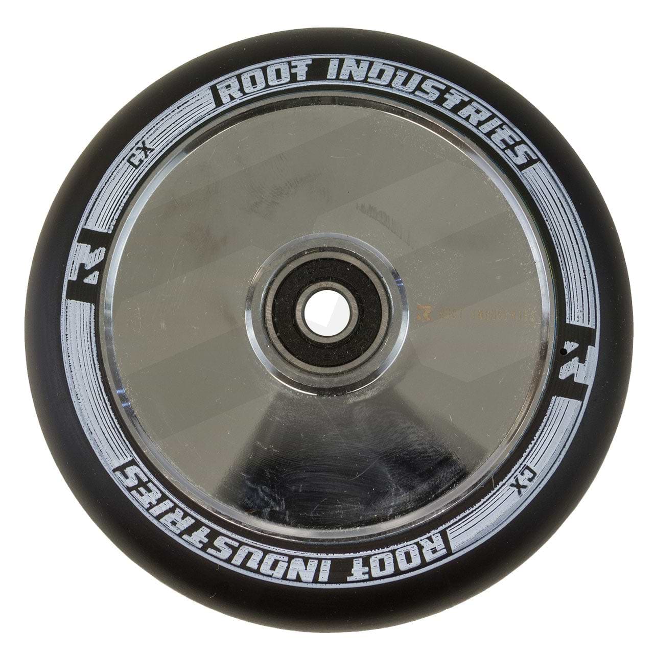 The Root Industries AIR Hollowcore 120mm Stunt Scooter Wheel in Black/Mirror Chrome Silver boasts a sleek metallic core and the brand name elegantly displayed in white on the rim. It is engineered with AIR Hollowcore technology, featuring a central bearing for smooth rides.