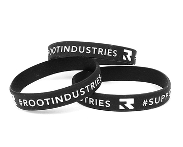 The Root Industries Scooter Wrist Bands in black, emblazoned with white text, perfectly reflect the spirit of the brand. Two wristbands are stacked to prominently display "#ROOTINDUSTRIES," while a third, positioned at the front, features "#SUPPORT" alongside their distinctive stylized "R" logo—ideal for any scooter enthusiast.