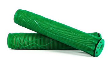 The Ethic DTC Green Stunt Scooter Grips - 170mm are showcased crossed over one another on a white background, crafted from durable thermoplastic rubber. They feature a textured surface with a wavy pattern for excellent grip, perfectly embodying the signature style of Ethic to enhance any ride.