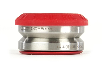 The Ethic DTC Silicone Integrated Stunt Scooter Headset in red, with its metal cylindrical body and intricate engravings, measures 30.5x41.8x8 mm and resembles parts commonly found in an Ethic DTC scooter headset. Its design suggests the presence of super smooth sealed bearings typical of high-quality setups, all depicted on a plain white background.