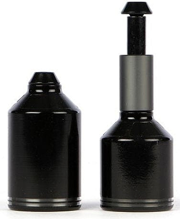 The image features two cylindrical objects with a glossy finish. The one on the left is capped and shorter, while the one on the right is taller with an extended cylindrical section and a smaller top piece. Made from 7075 T6 Heat Treated Aluminium, these Ethic DTC Aluminium Stunt Scooter Pegs in Raw Silver boast a metallic and sleek appearance.