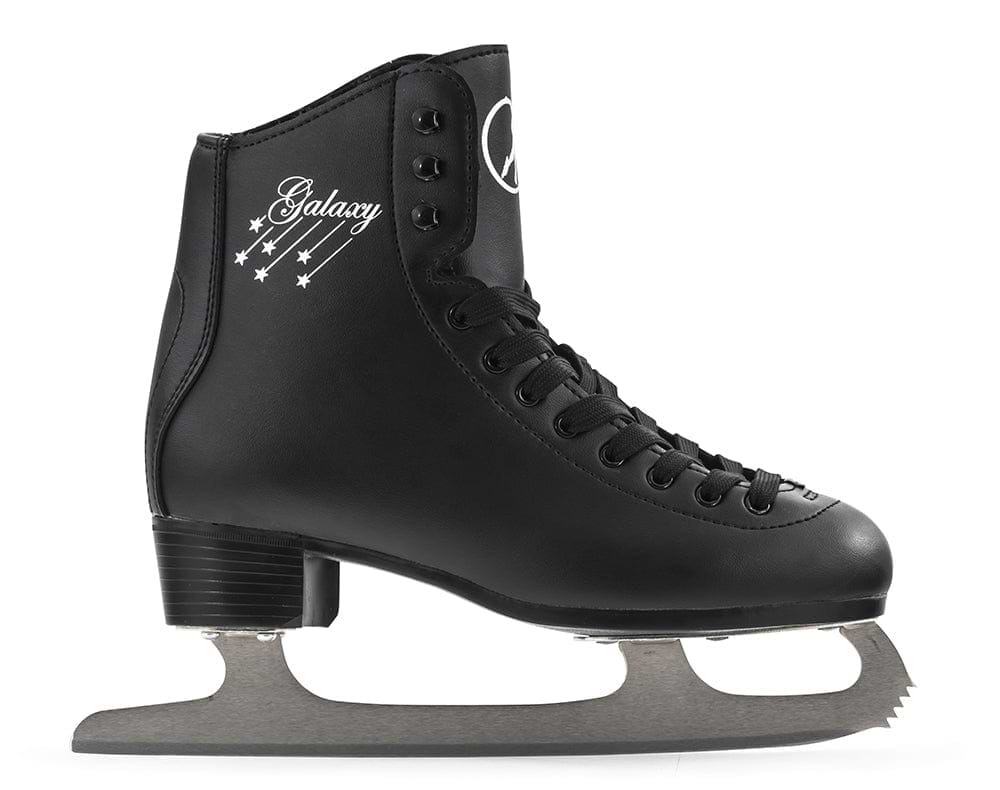 The SFR Galaxy 2 Figure Ice Skates - Black feature a stylish black design with a high ankle and lace-up style, embellished with star motifs and the word "Galaxy." They come equipped with an ergonomic heel design and a silver high carbon stainless steel figure blade for top-notch performance.