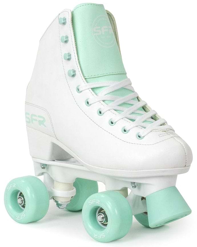 Introducing the SFR Figure Quad Roller Skates - White / Green, featuring a sleek white design with mint green highlights and a high-top style, ideal for beginner skaters. With smooth-finish durable polyurethane wheels and distinctive "SFR" branding near the heel and tongue, these skates embody SFR's quality craftsmanship.