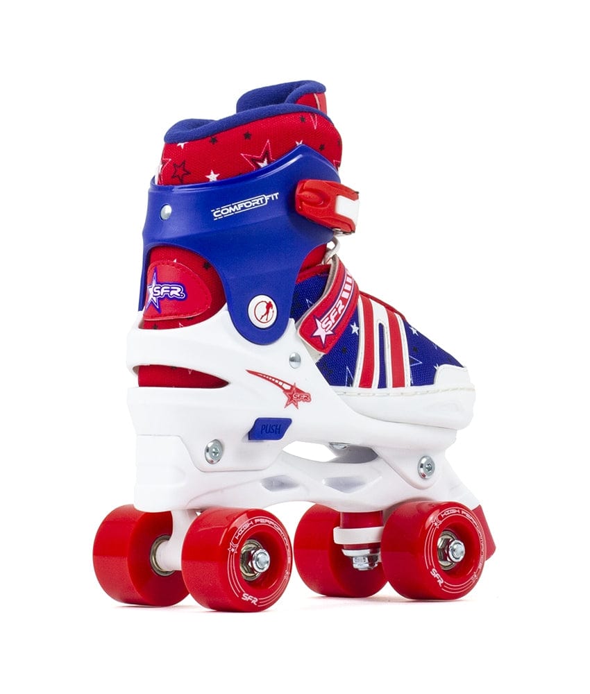 The SFR Spectra Adjustable Quad Roller Skates in Blue/Red are ideal for beginner skaters with a patriotic theme. They feature red, white, and blue colors adorned with stars and stripes, a white boot enhanced by red and blue accents, a high ankle cuff for support, and durable polyurethane wheels in vibrant red.