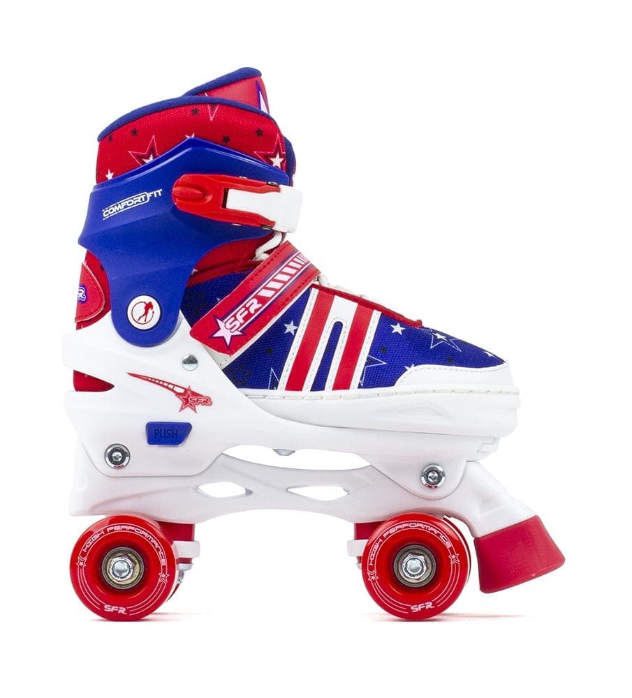 Discover the SFR Spectra Adjustable Quad Roller Skates in Blue and Red. These vibrant children's roller skates boast a patriotic design with red, white, and blue accents. Ideal for beginner skaters, the boot features adjustable straps and rests on four robust polyurethane wheels. Star patterns add both style and comfort to its sleek appearance.