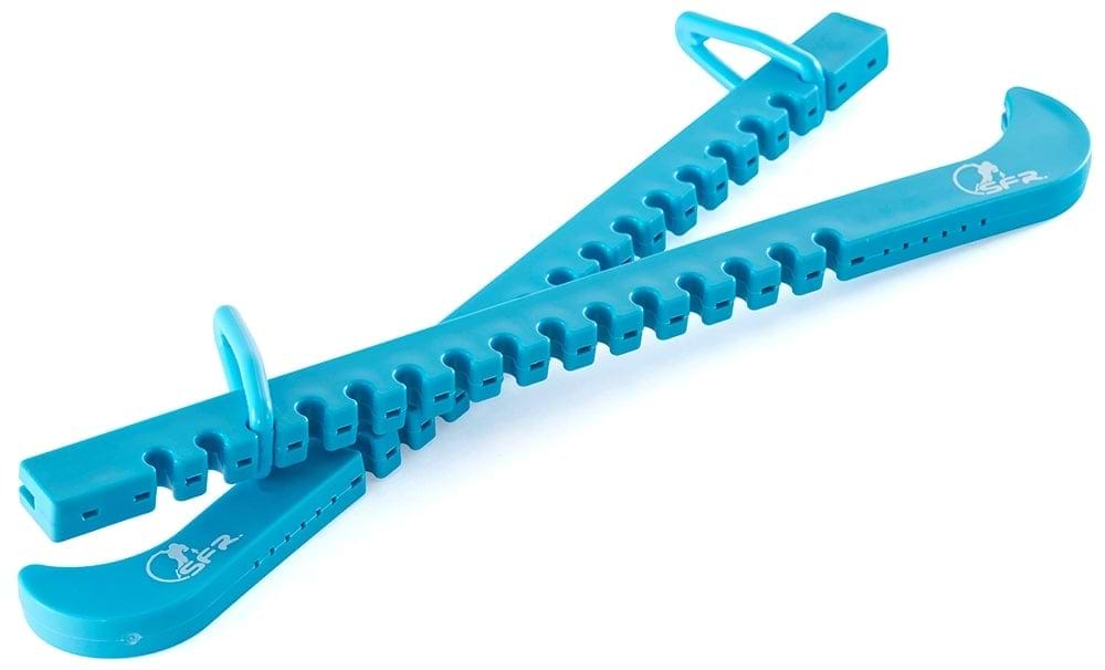 Two robust SFR Figure Ice Skate Blade Guards in blue polypropene, featuring notched edges and hooks for convenient handling. These guards are expertly designed by SFR to provide superior protection for ice skate blades, with a crossed design and the brand logo printed on the surface.
