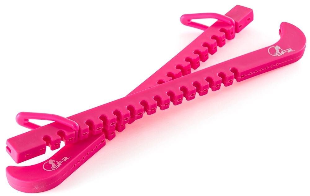 SFR Figure Ice Skate Blade Guards in Fluo Pink, crafted from durable polypropene, have a hooked end and notched handle designed for removing bicycle tires. Displayed crossed over each other on a white background, they mimic the appearance of ice skate blade guards offering protection for blades.