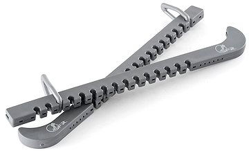 The SFR Figure Ice Skate Blade Guards in silver feature a sturdy sawtooth design with metal clips, arranged in a crisscross pattern on a white background, made from durable polypropene similar to that used in gray plastic snow shoe traction devices.