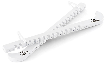 SFR Figure Ice Skate Blade Guards in white, crafted from durable polypropene, showcase a black SFR logo. Featuring grooves designed to fit ice skating blades and secure clasps at the ends, these guards elegantly cross over each other on a white background.