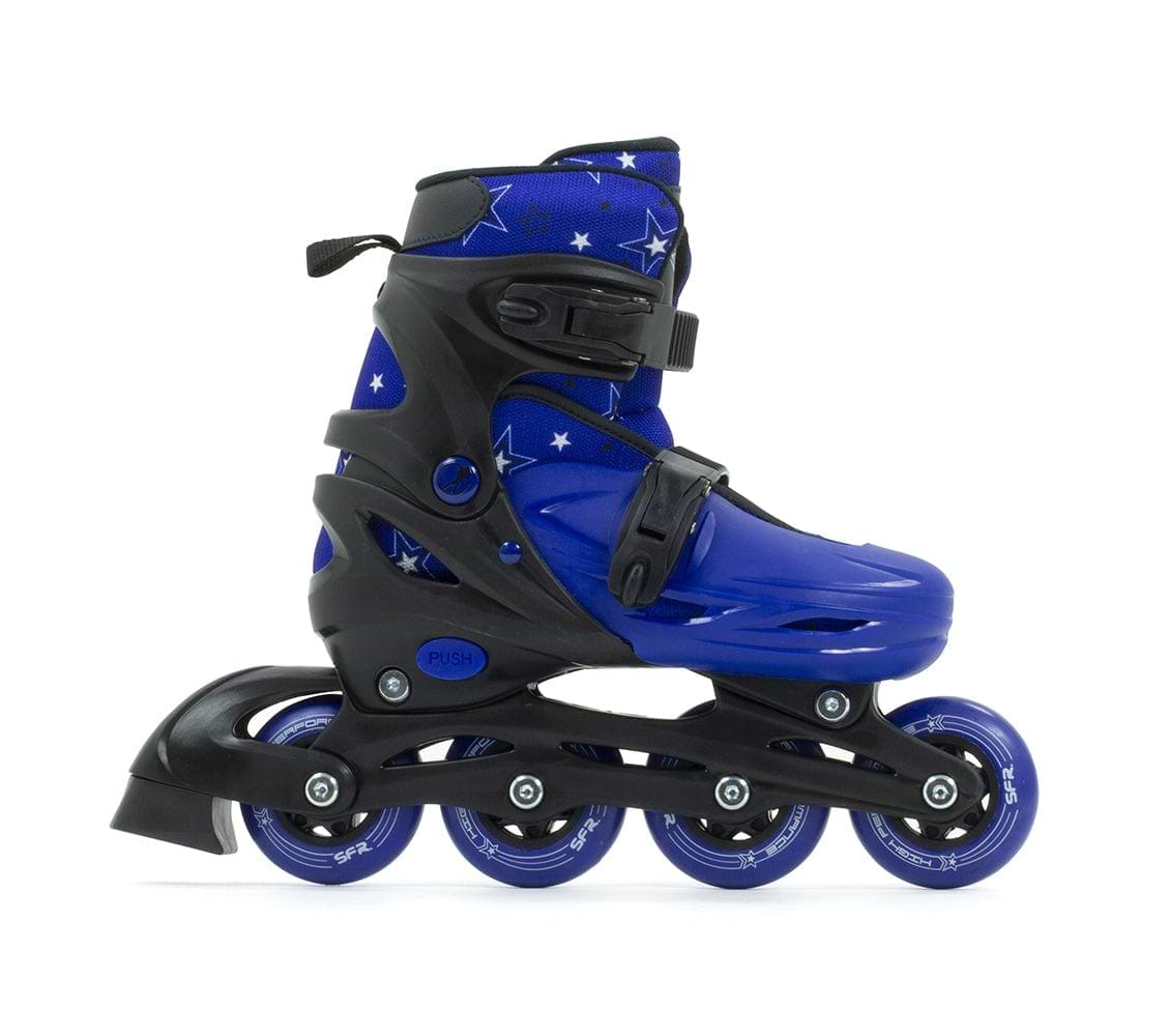 Introducing the SFR Plasma Adjustable Inline Skates in Black and Blue: these stylish skates are ideal for beginner skaters. Featuring a sleek blue design with black detailing, they come with a high boot decorated with white star patterns, adjustable straps, and four wheels. Equipped with ABEC-5 bearings and a coordinating blue frame, they're crafted for smooth rides.