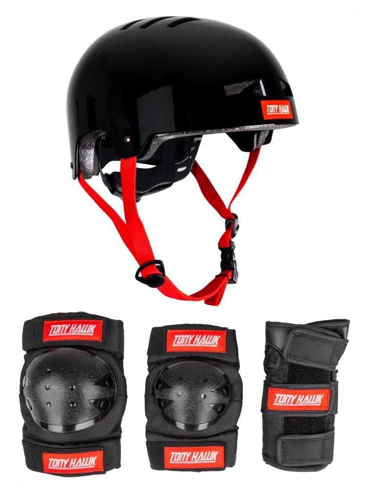 The "Tony Hawk Helmet & Padset Combo Skate Protection Pad Set - Black" includes a size-adjustable helmet, knee pads, elbow pads, and wrist guards with distinctive red straps.