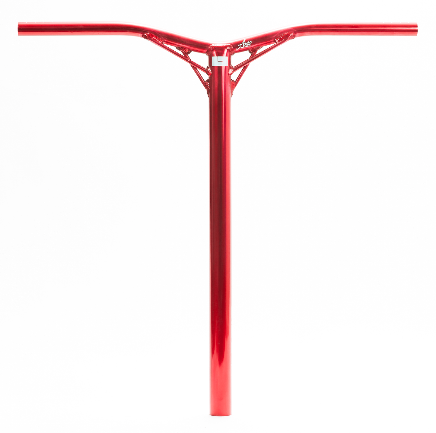 The vibrant red Logic Axis V2 Aluminium Oversized IHC Stunt Scooter Bars showcase a bold T-shape design with intricate cut-outs near the center junction. Made from aluminium, these lightweight yet strong bars stand out against a plain white background, measuring 610mm by 610mm.